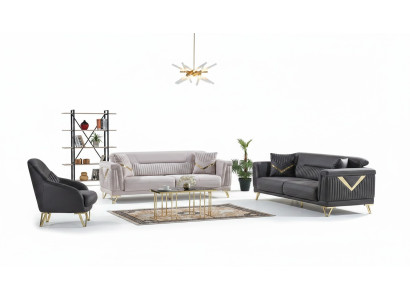 Sofagarnitur 3+3+1 Sitzer Textil Holz Sofa 3 Sitzer Modern Sessel Komplett Set Neu