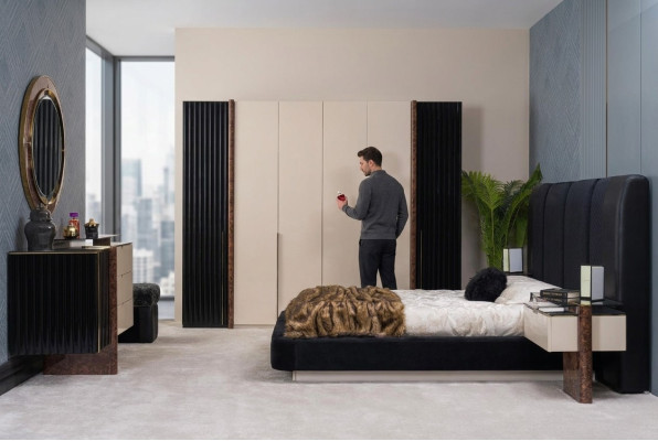 Schlafzimmer Set Bett 2x Nachttische Kleiderschrank Kommode Design Möbel