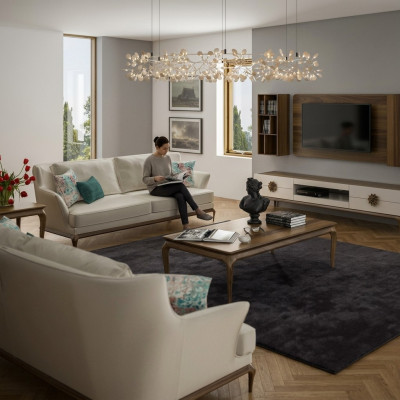 Modern Komplett 2x Dreisitzer Sofa Weiß Textil Wohnzimmer Design Sofas Couch