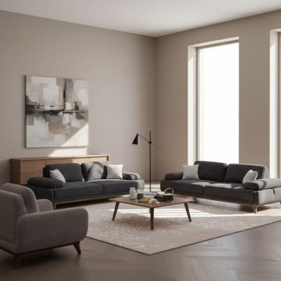 Wohnzimmer Set Grau Sofa Zweisitzer mit Dreisitzer Textil Design Couchtisch