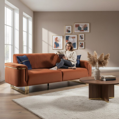 Oranger Dreisitzer Luxuriöses Stoffsofa Moderne Wohnzimmer Sitzmöbel