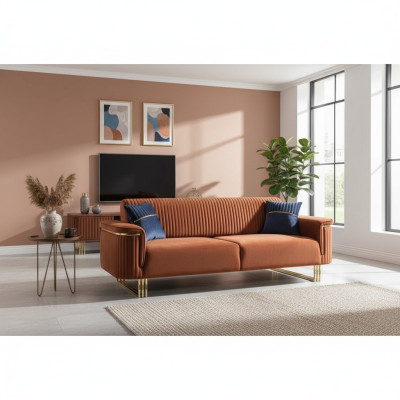 Oranger Dreisitzer Luxuriöses Stoffsofa Moderne Wohnzimmer Sitzmöbel
