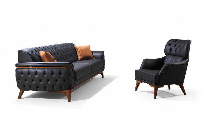 Schwarze Chesterfield Designer Garnitur Luxus Ledersofa Designer Sessel