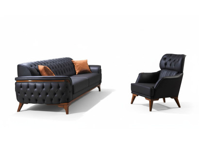 Schwarze Chesterfield Designer Garnitur Luxus Ledersofa Designer Sessel