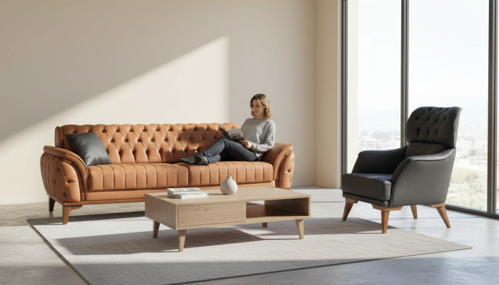 Orange-Schwarze Chesterfield Garnitur Luxuriöser Dreisitzer Sessel 2tlg