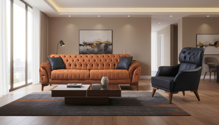 Orange-Schwarze Chesterfield Garnitur Luxuriöser Dreisitzer Sessel 2tlg