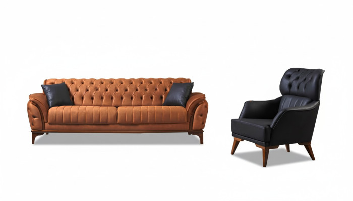 Orange-Schwarze Chesterfield Garnitur Luxuriöser Dreisitzer Sessel 2tlg