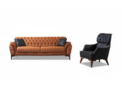 Orange-Schwarze Chesterfield Garnitur Luxuriöser Dreisitzer Sessel 2tlg