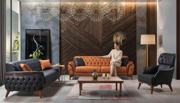 Schwarz-Orange Chesterfield Sofagarnitur Wohnzimmer Couchen Sessel 4tlg