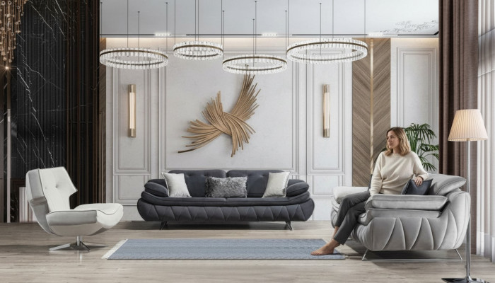 Wohnzimmer-Set 3tlg Schwarz Weiß 2x Sofas mit Sessel Modern Design Textil