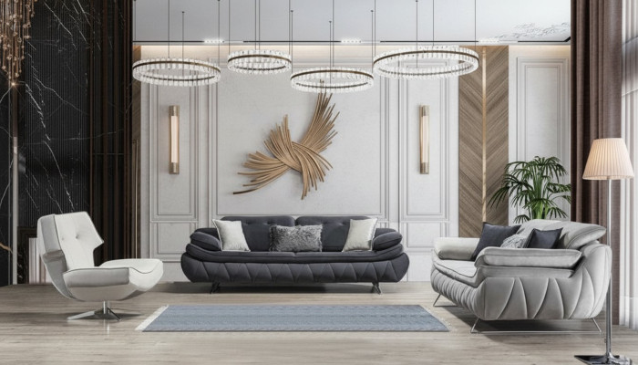 Wohnzimmer-Set 3tlg Schwarz Weiß 2x Sofas mit Sessel Modern Design Textil