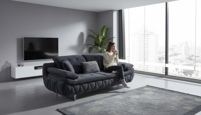 Schwarz 3-Sitzer Wohnzimmer Stoffsofa Modern Deisgn mit Kissen Textil