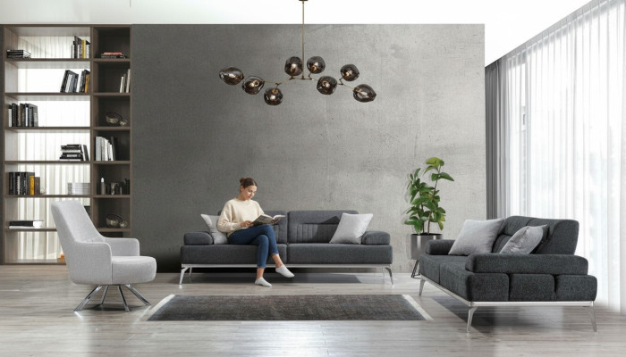 Wohnzimmer-Set 3tlg 2x 3-Sitzer Grau mit Weiß Sessel Modern Design Textil