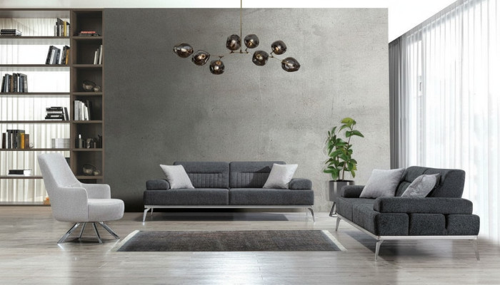 Wohnzimmer-Set 3tlg 2x 3-Sitzer Grau mit Weiß Sessel Modern Design Textil