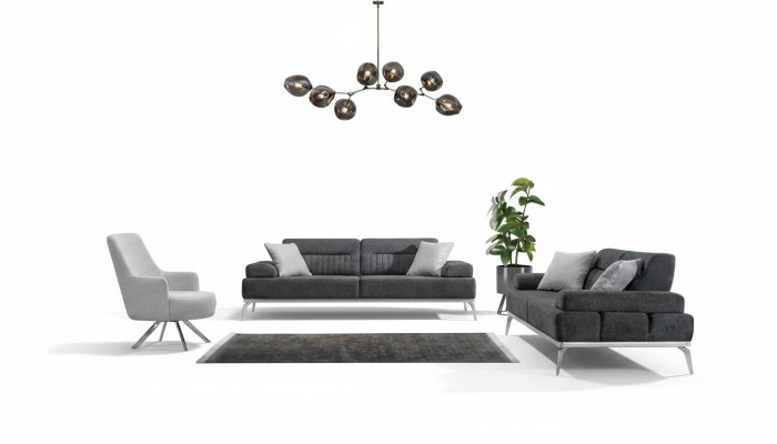 Wohnzimmer-Set 3tlg 2x 3-Sitzer Grau mit Weiß Sessel Modern Design Textil