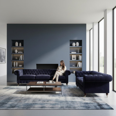 Polstermöbel Dreisitzer Sofa Wohnzimmer Einrichtung Sessel Blau Chesterfield