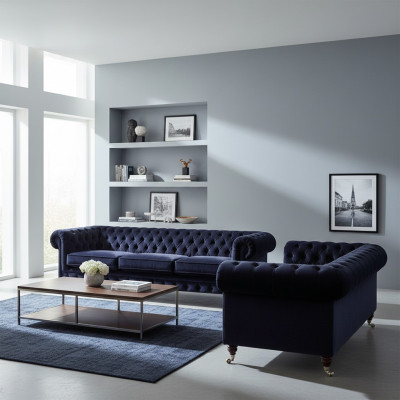 Polstermöbel Dreisitzer Sofa Wohnzimmer Einrichtung Sessel Blau Chesterfield