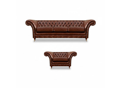 Braun Garnitur 2tlg Dreisitzer Sofa Leder Sessel Chesterfield Wohnzimmer