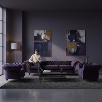 Wohnzimmer Luxus Set 3tlg Einrichtung Lila Komplett Polstermöbel Chesterfield