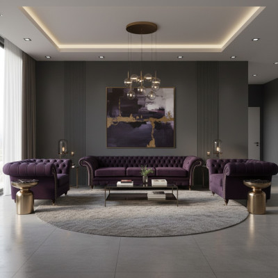 Wohnzimmer Luxus Set 3tlg Einrichtung Lila Komplett Polstermöbel Chesterfield