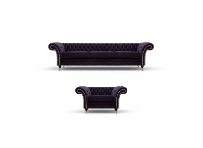 Komplett Set 2tlg Dreisitzer Sofa Chesterfield Lila Sessel Wohnzimmer Neu