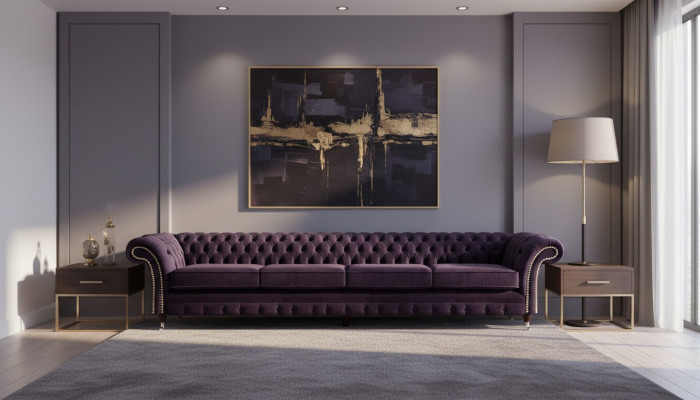 Polster Textil Lila Wohnzimmer Chesterfield Viersitzer Sofa Couch Polstermöbel