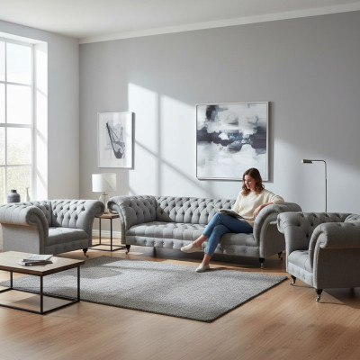 Wohnzimmer Grau Set 3tlg Luxus Sofas Sofagarnitur Sessel Chesterfield