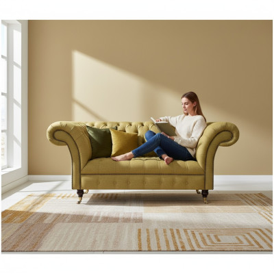 Gelb Chesterfield Zweisitzer Sofa Couch Wohnzimmer Möbel Luxus Polster Textil