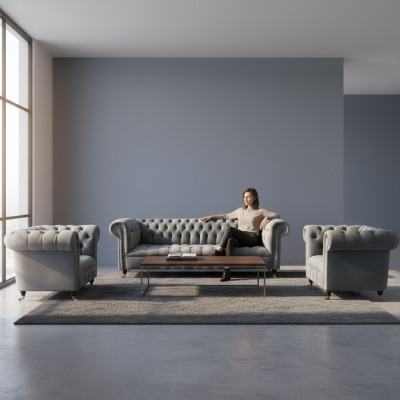 Komplett Set Sofagarnitur Chesterfield 2x Sessel Luxus Dreisitzer Sofa Neu