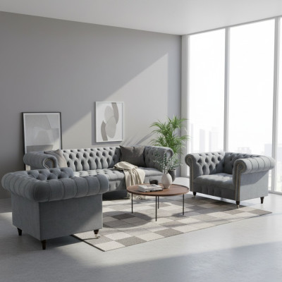 Komplett Set Sofagarnitur Chesterfield 2x Sessel Luxus Dreisitzer Sofa Neu