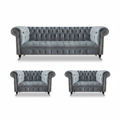Komplett Set Sofagarnitur Chesterfield 2x Sessel Luxus Dreisitzer Sofa Neu