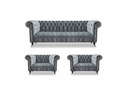 Komplett Set Sofagarnitur Chesterfield 2x Sessel Luxus Dreisitzer Sofa Neu