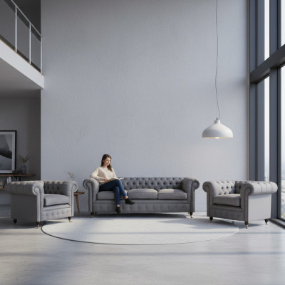 Grau Chesterfield Luxus Möbel Wohnzimmer Set 3tlg Sofas Textil Sessel