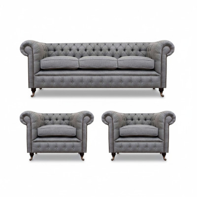 Grau Chesterfield Luxus Möbel Wohnzimmer Set 3tlg Sofas Textil Sessel