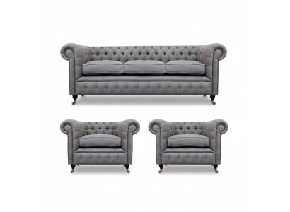Grau Chesterfield Luxus Möbel Wohnzimmer Set 3tlg Sofas Textil Sessel
