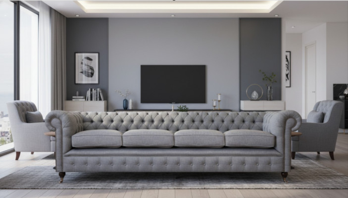Chesterfield Viersitzer Grau Sofa Couch Wohnzimmer Einrichtung Neu Textil
