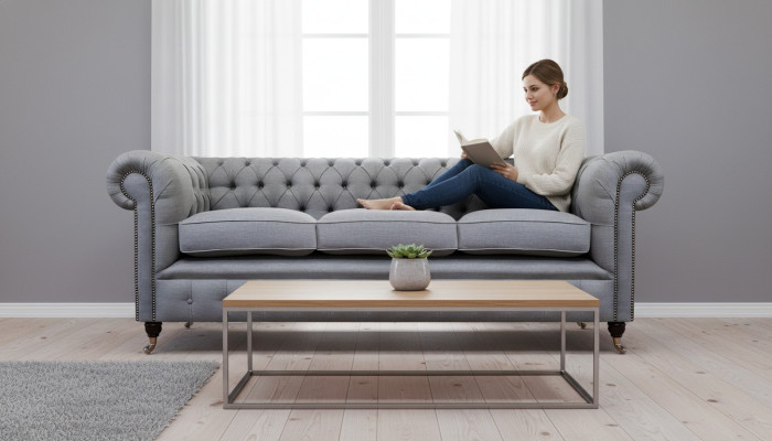 Grau Chesterfield Wohnzimmer Textil Stoff Einrichtung Luxus Dreisitzer Sofa