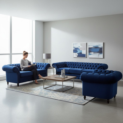 Luxus Design Neu Garnitur Wohnzimmer Blau Sofa Set 3tlg Einrichtung Chesterfield