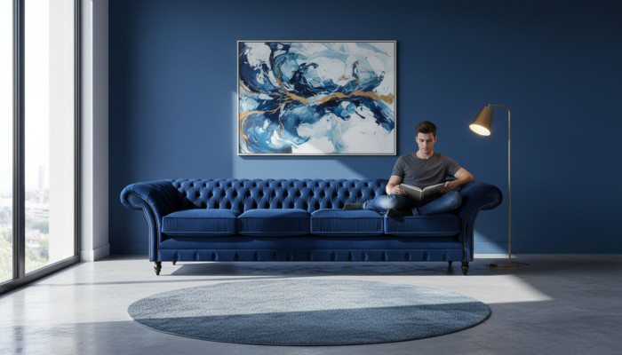 Luxus Design Chesterfield Viersitzer Sofa Blau Couch Einrichtung Wohnzimmer