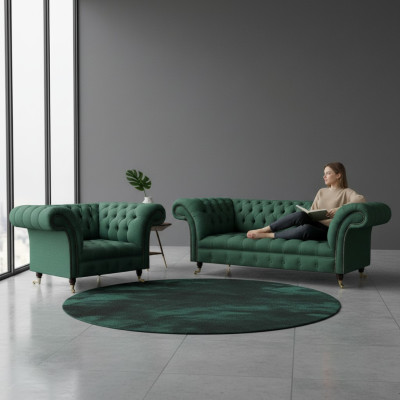 Luxus Wohnzimmer Komplett Grün Dreisitzer Sofa Chesterfield Sessel Neu Set