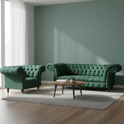 Luxus Wohnzimmer Komplett Grün Dreisitzer Sofa Chesterfield Sessel Neu Set