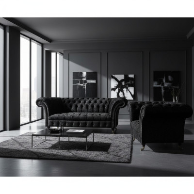 Schwarz Komplett Chesterfield Polstersitz Einrichtung Luxus Wohnzimmer