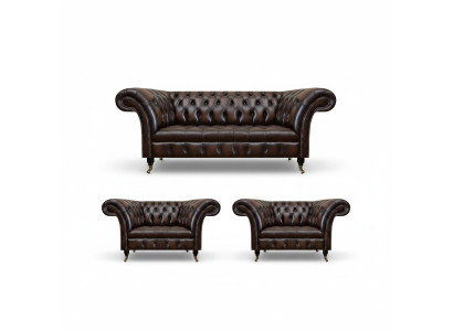 Luxus Braun Leder Sofa Set Wohnzimmer 2x Sessel Dreisitzer Couch Chesterfield
