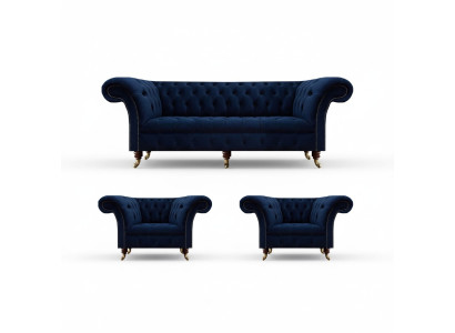 Wohnzimmer Set 3tlg Chesterfield Blau Luxus Dreisitzer Sofa 2x Sessel Neu