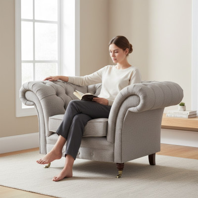 Wohnzimmer Luxus Sessel Polstermöbel Neu Grau Sitz Textil Chesterfield