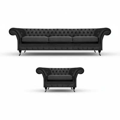 Wohnzimmer Polstermöbel Schwarz Dreisitze Sofa 3+1 Sessel Chesterfield