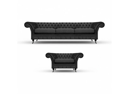 Wohnzimmer Polstermöbel Schwarz Dreisitze Sofa 3+1 Sessel Chesterfield