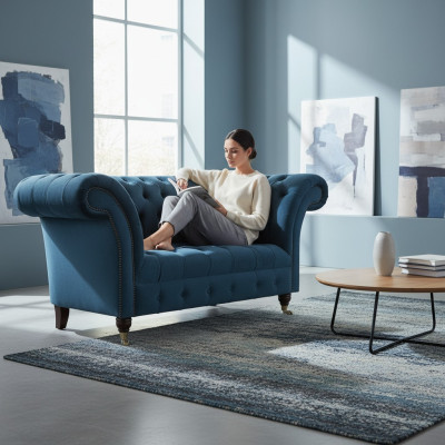 Modern Luxus Sofa Couch Zweisitzer Blau Chesterfield Textil Sofas Sitzmöbel