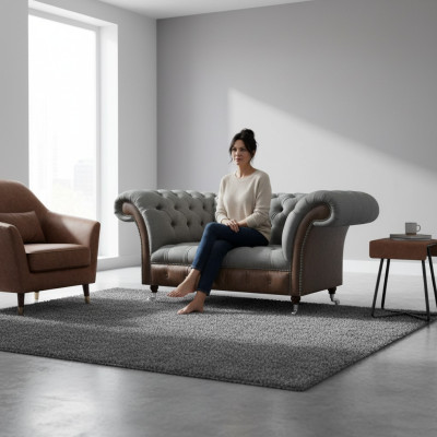 Wohnzimmer Grau-Brauner Chesterfield 2-Sitzer Textilcouchen Luxus Möbel