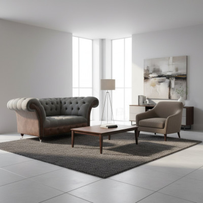 Wohnzimmer Grau-Brauner Chesterfield 2-Sitzer Textilcouchen Luxus Möbel